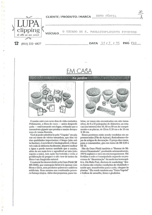 Recorte do jornal O Estado de S. Paulo de julho de 1996 sobre o vaso de fibra de coco